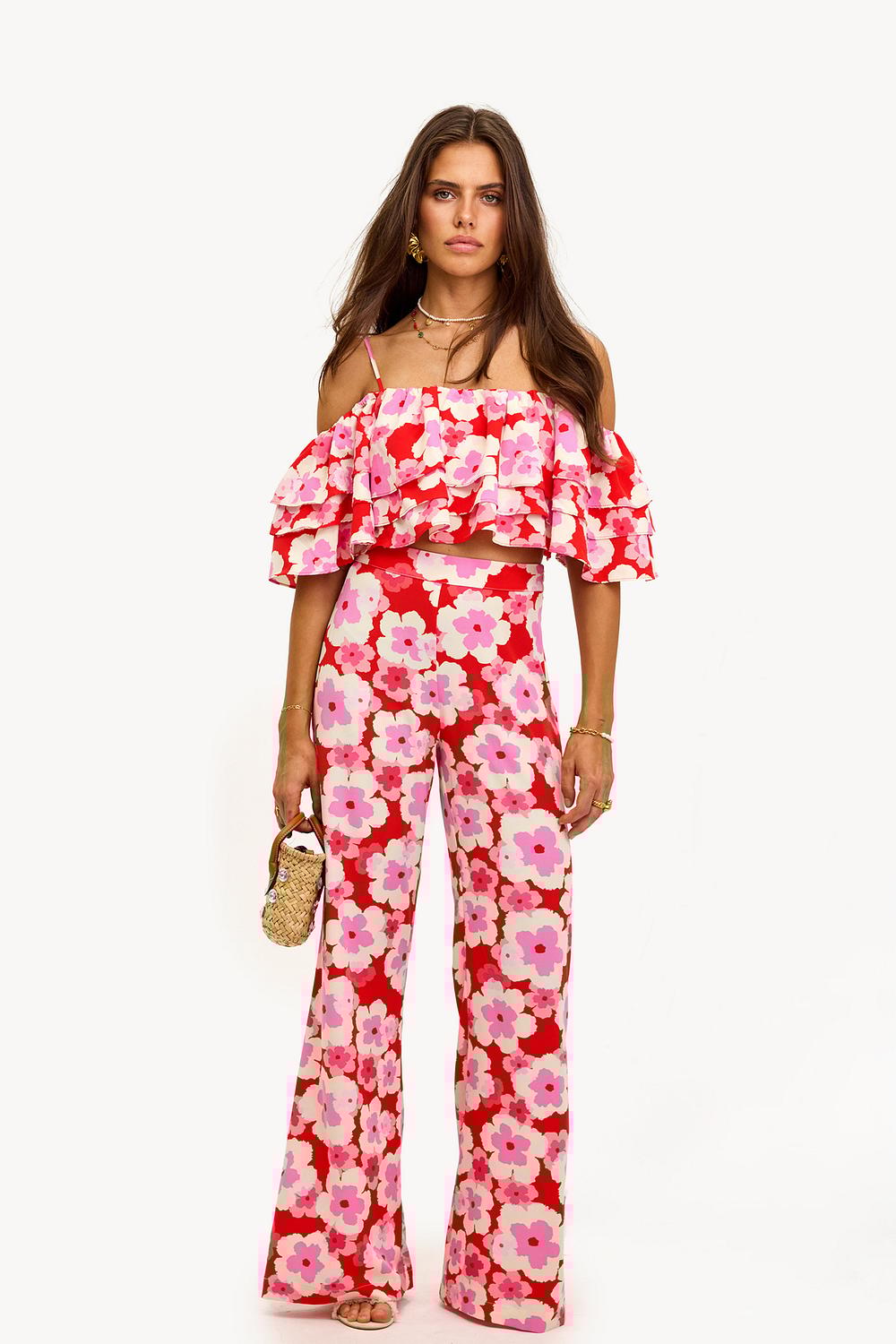 Pantalon rouge à imprimé floral