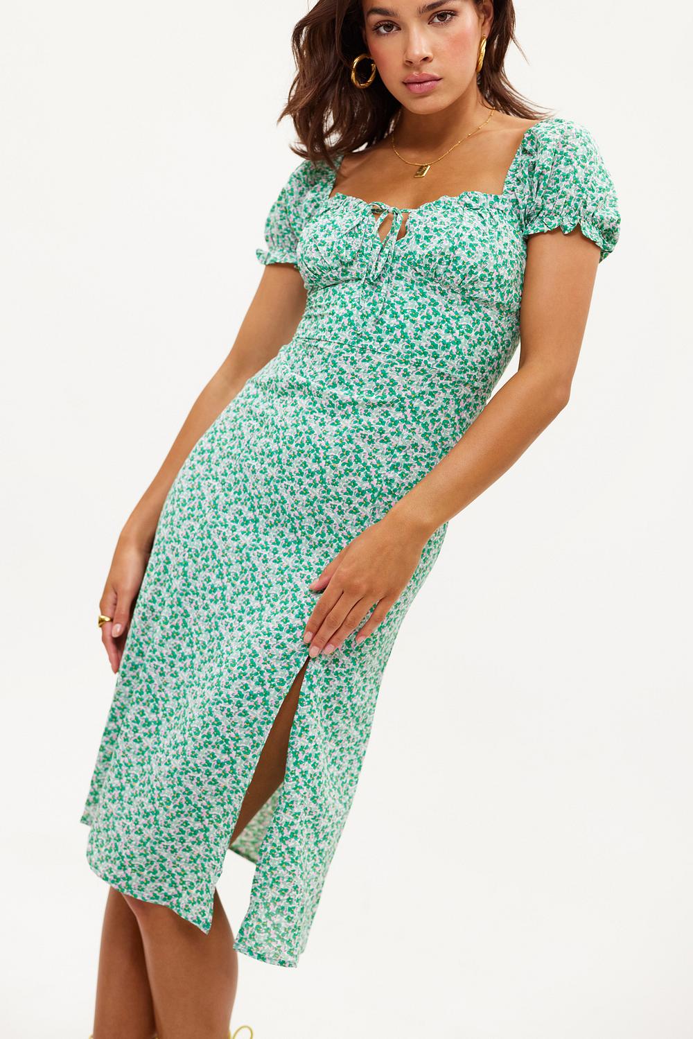Green midi dress with floral print