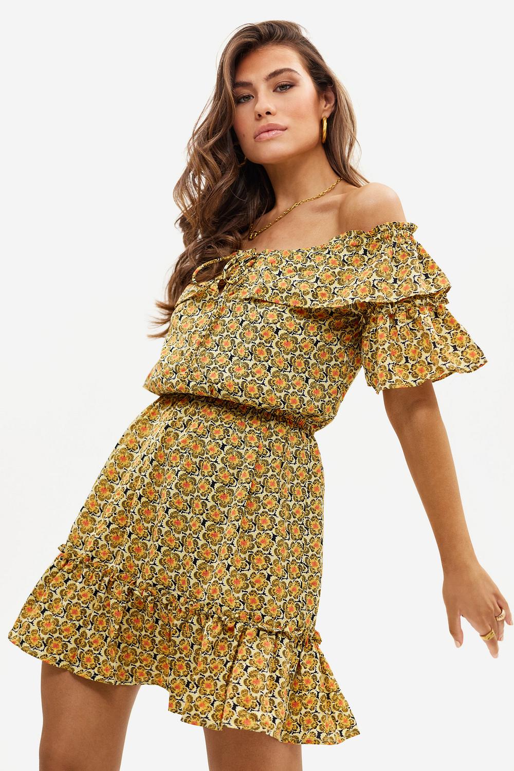 Yellow off shoulder dress with floral print