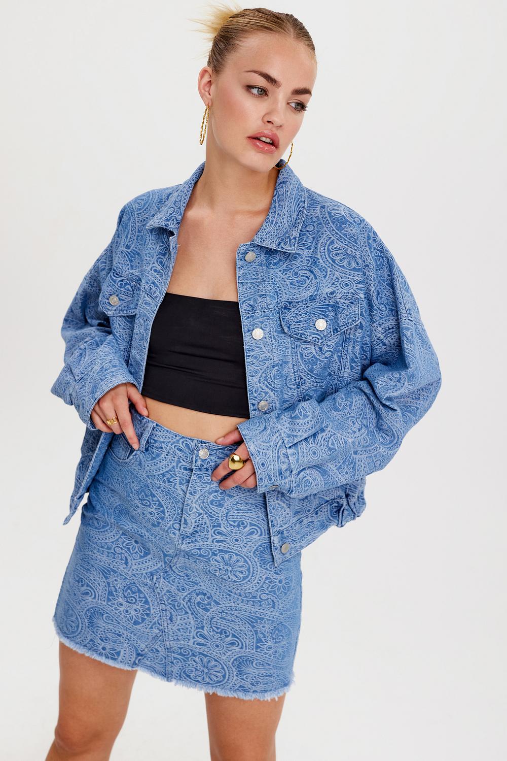 Denim jacket with paisley print