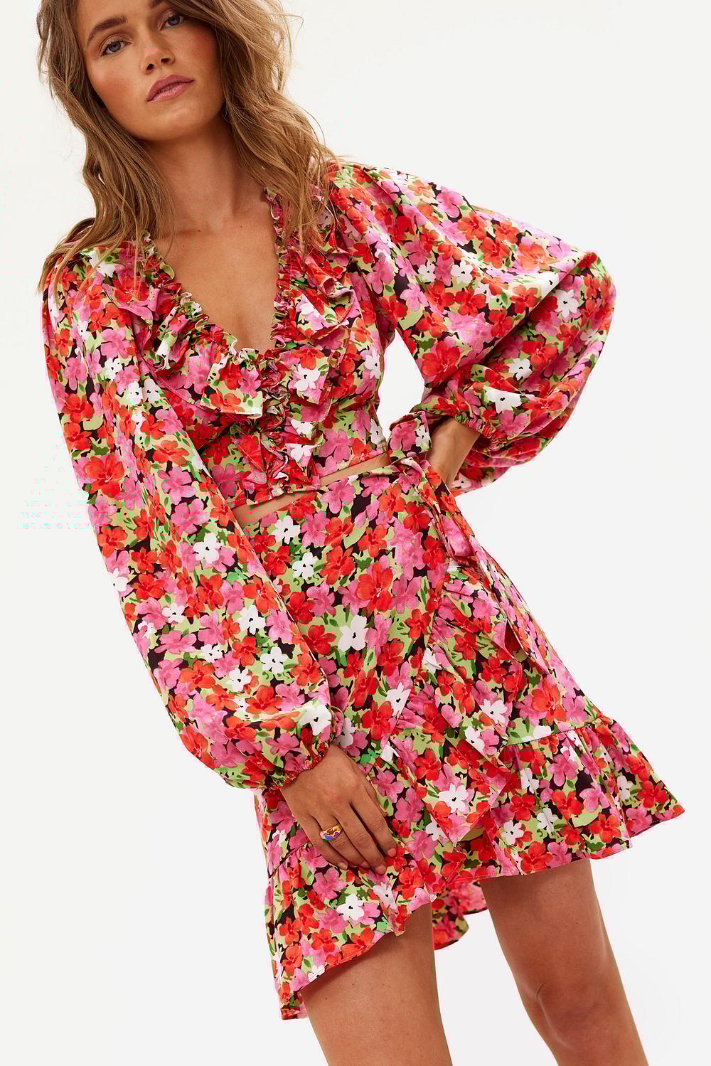 Red top with floral print