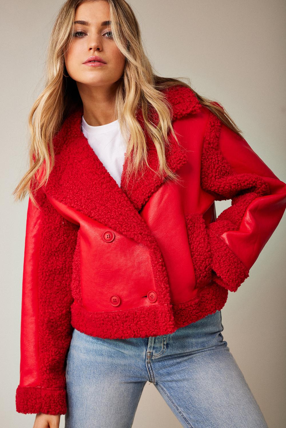 Red cropped teddy jacket sales