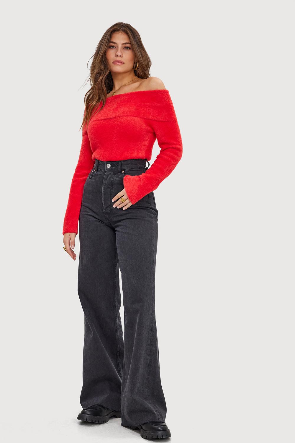 Red off on sale the shoulder jumper