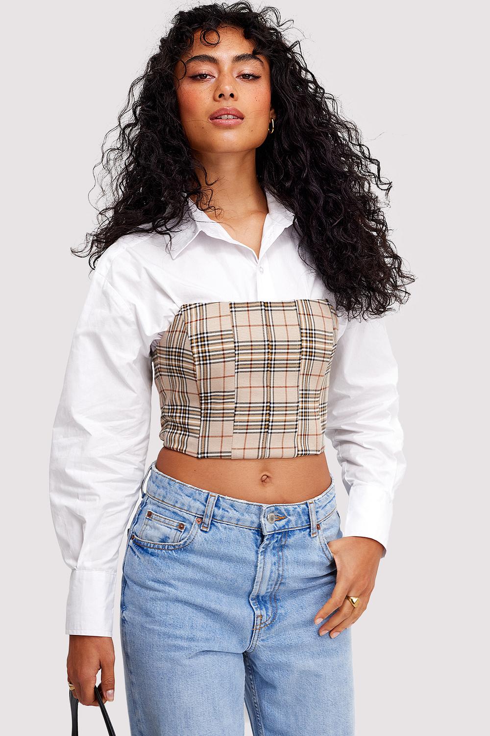 Beige corset top with checkered print