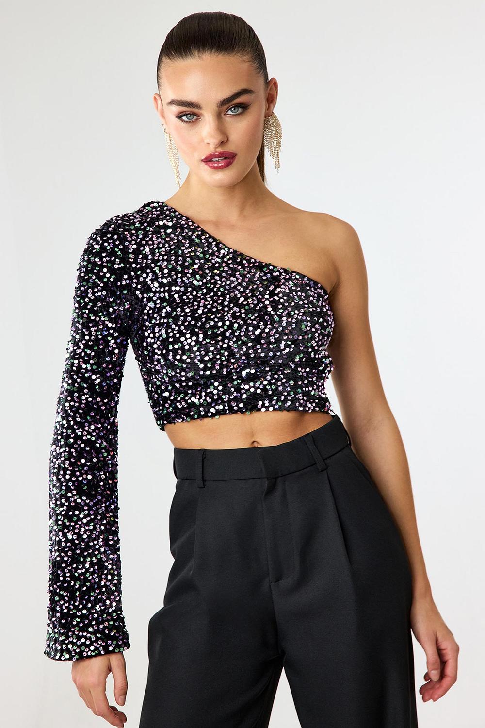 Top noir à épaule unique avec paillettes