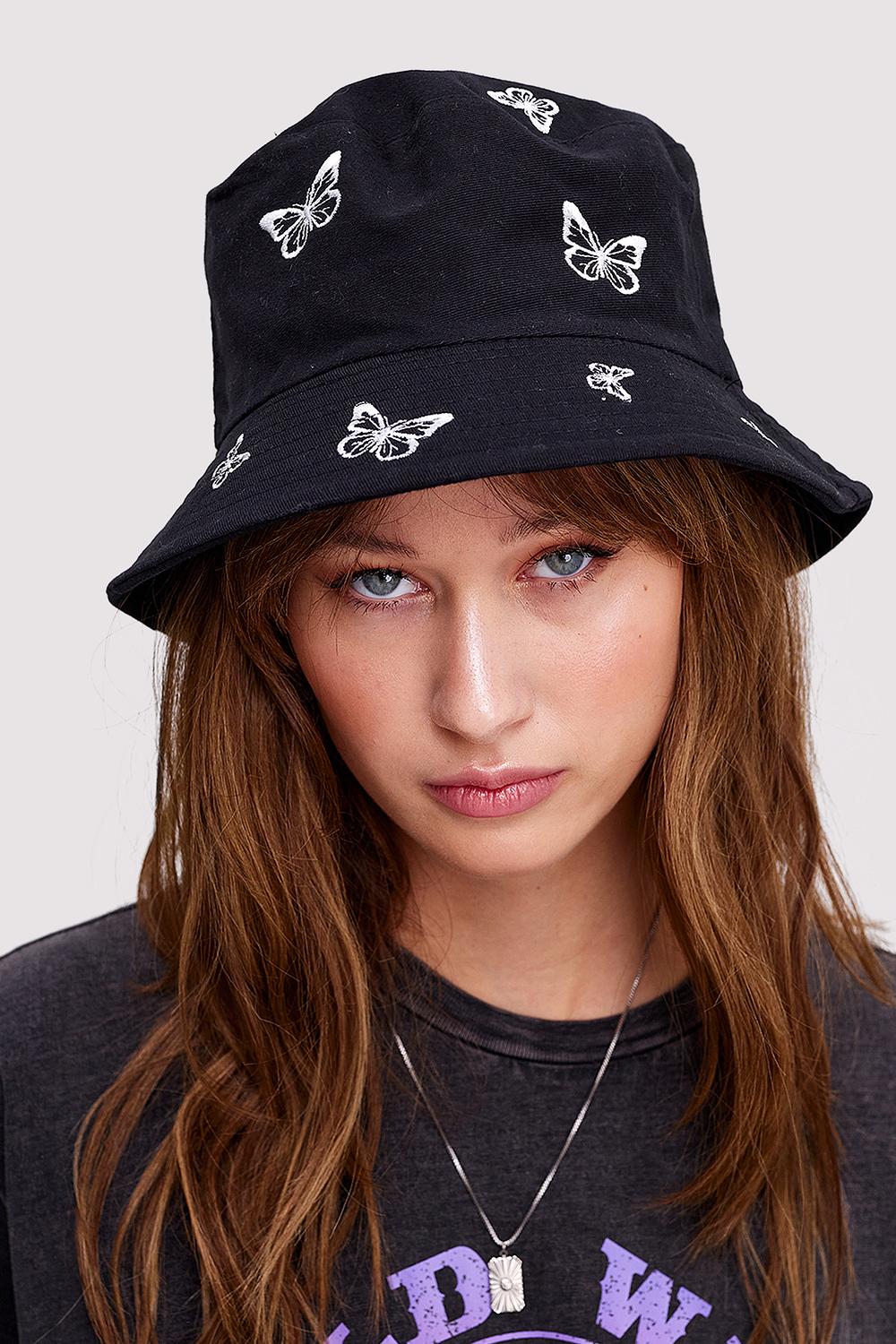 Black bucket hat with butterfly print
