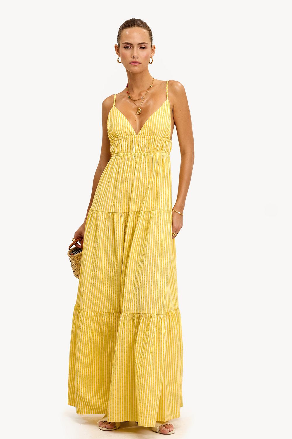 Robe longue jaune clair à rayures