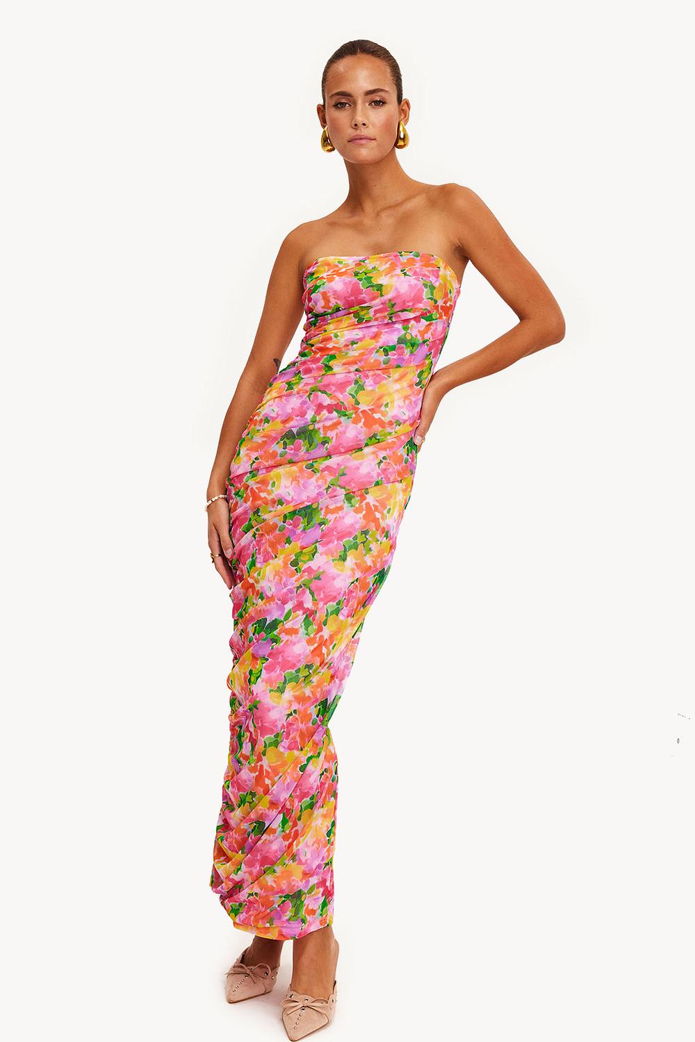 Pink maxi dress with floral print