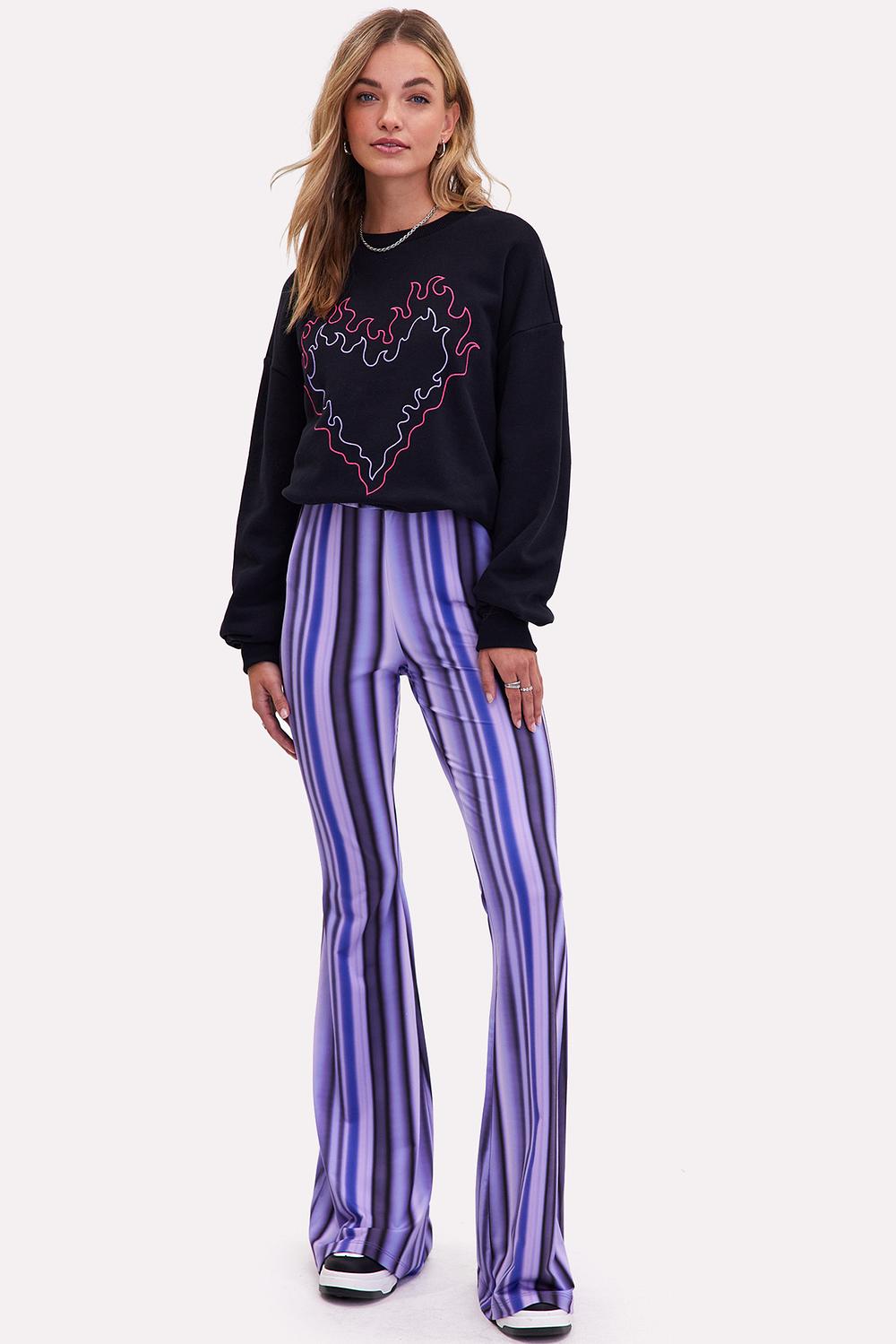 Purple flared trousers with stripes