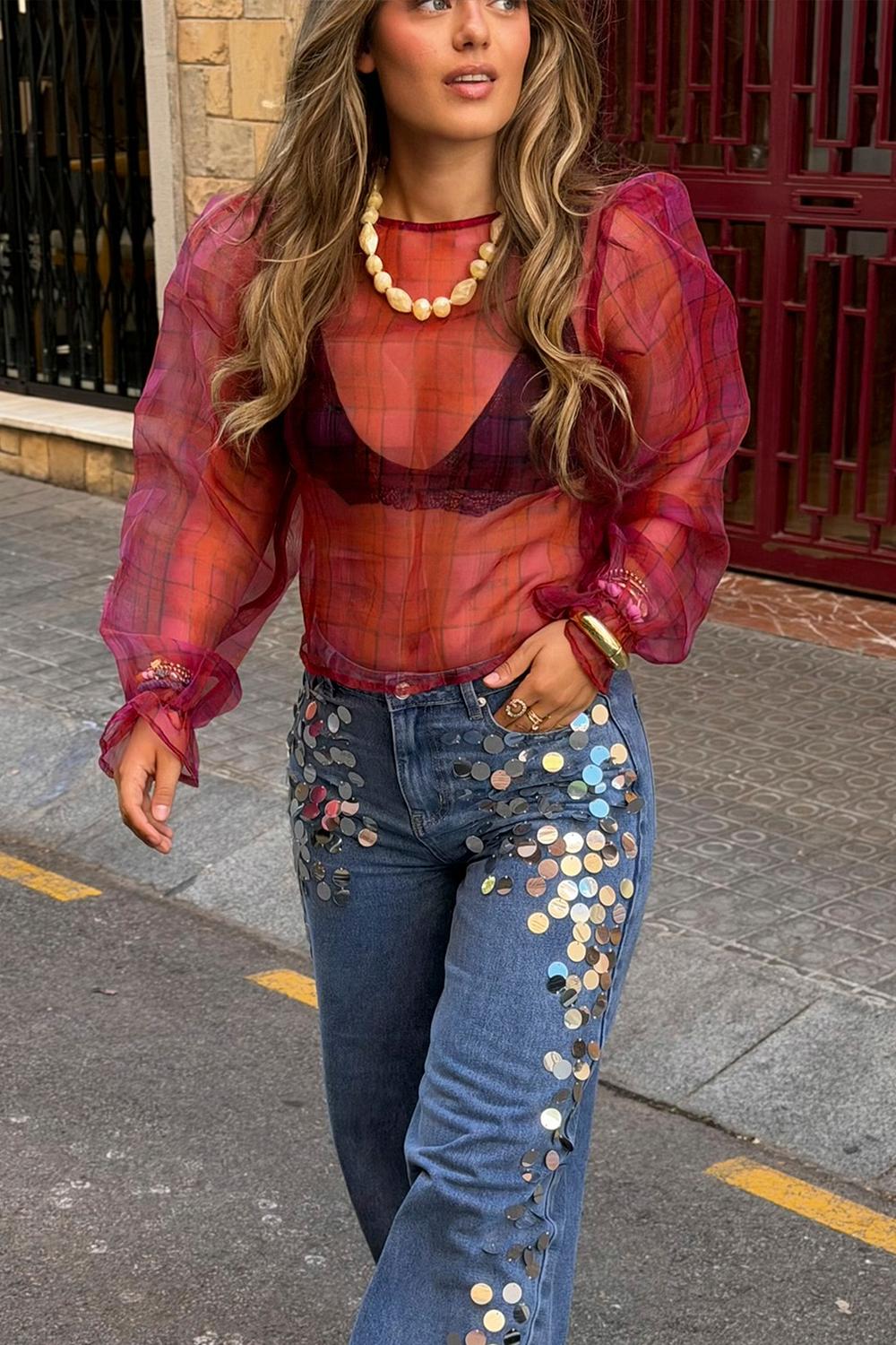Dark purple mesh top with red checkered print