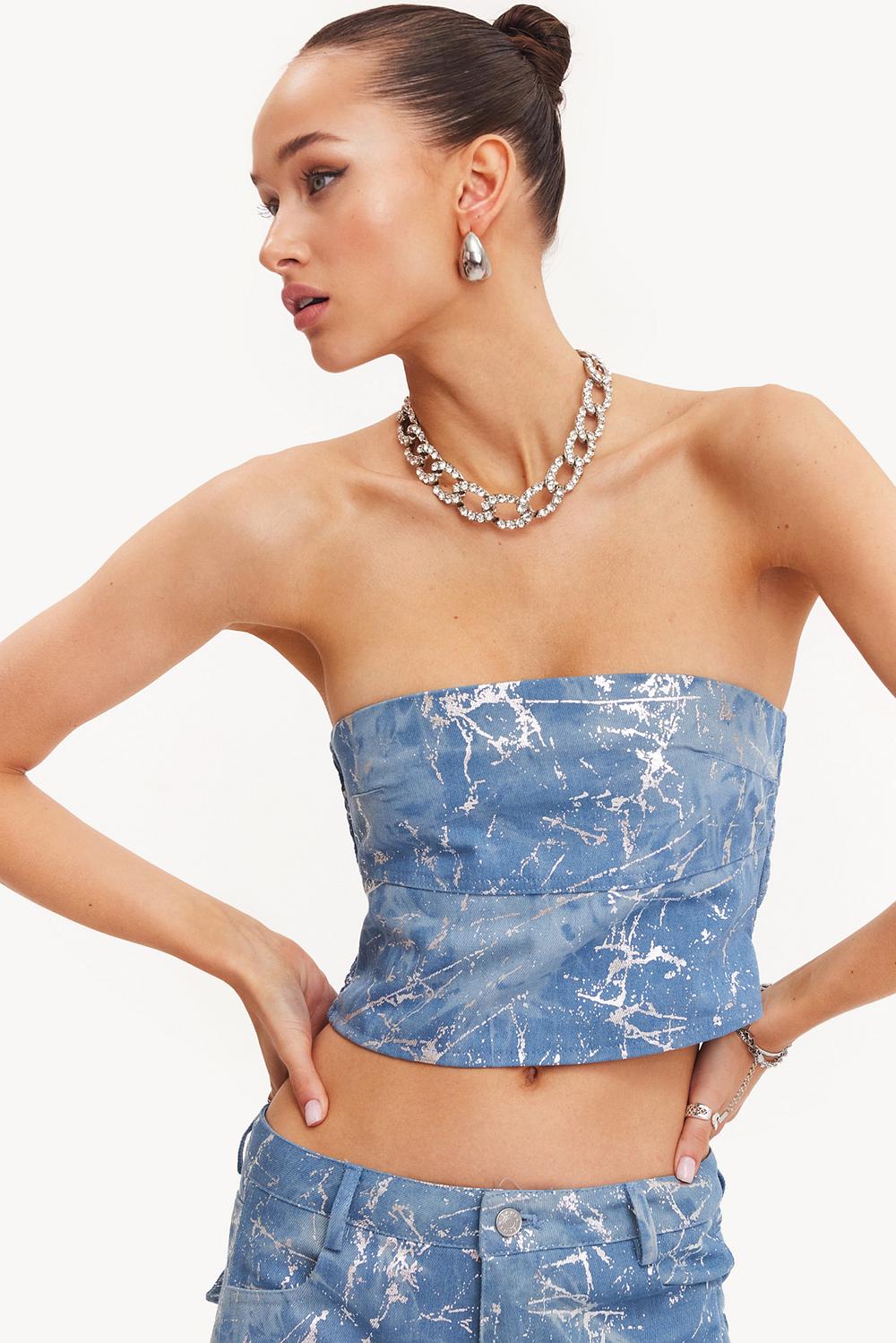 Blue strapless top