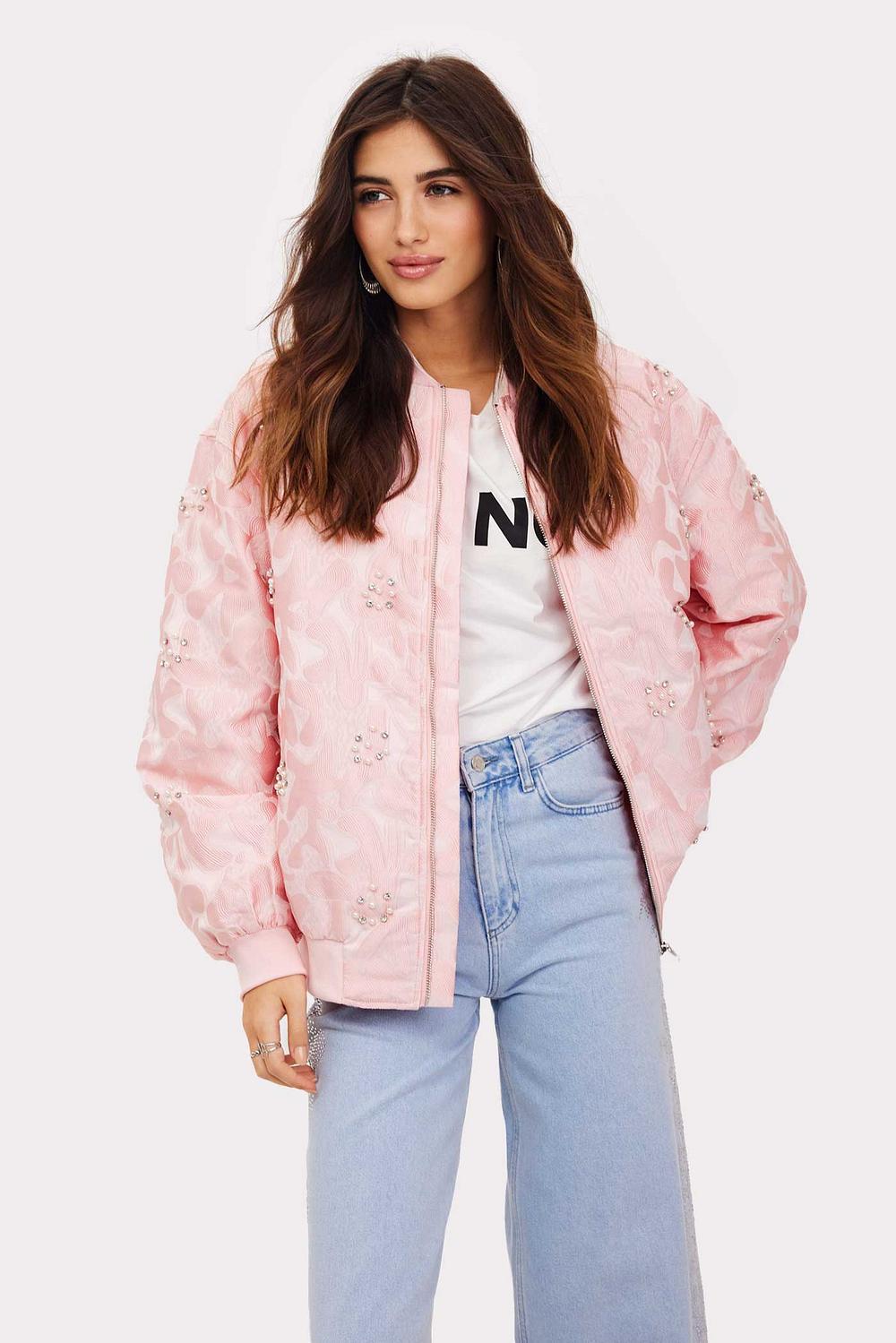 Roze bomber jacket met grafische print