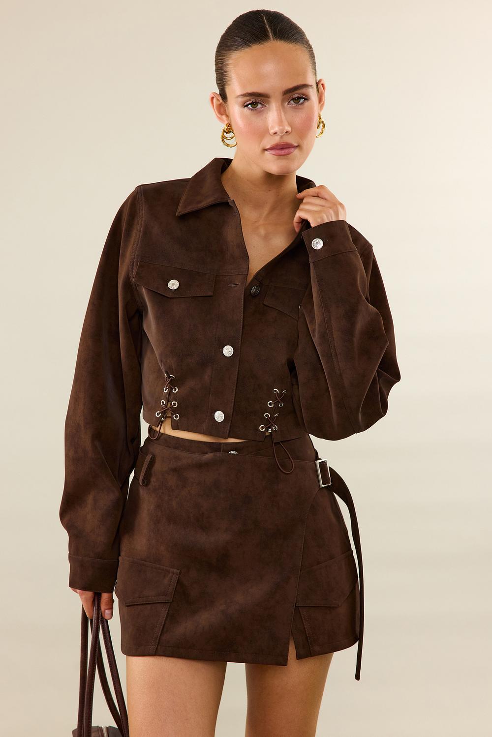 Brown suede-look skort