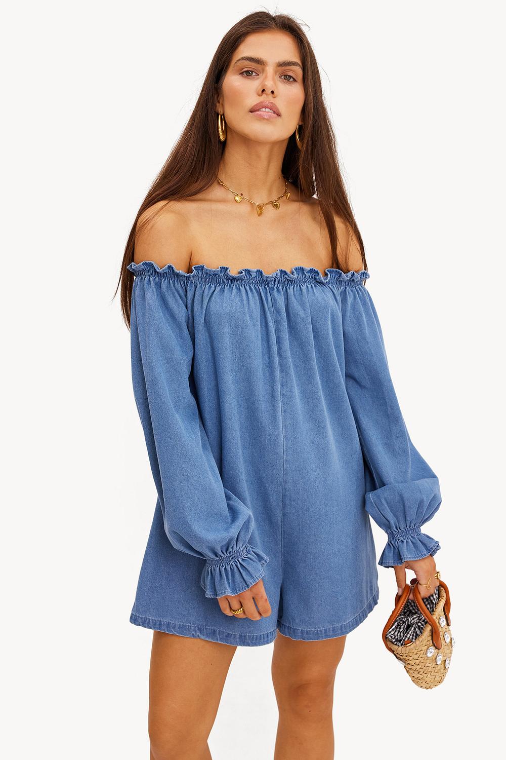 Blauwe off shoulder playsuit