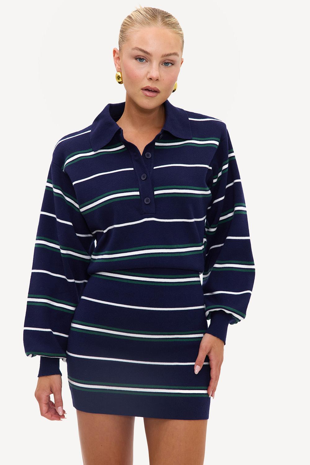 Dark blue dress with stripes and shoulder pads