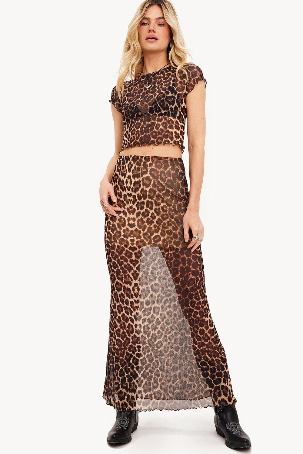 Brown maxi skirt with leopard print
