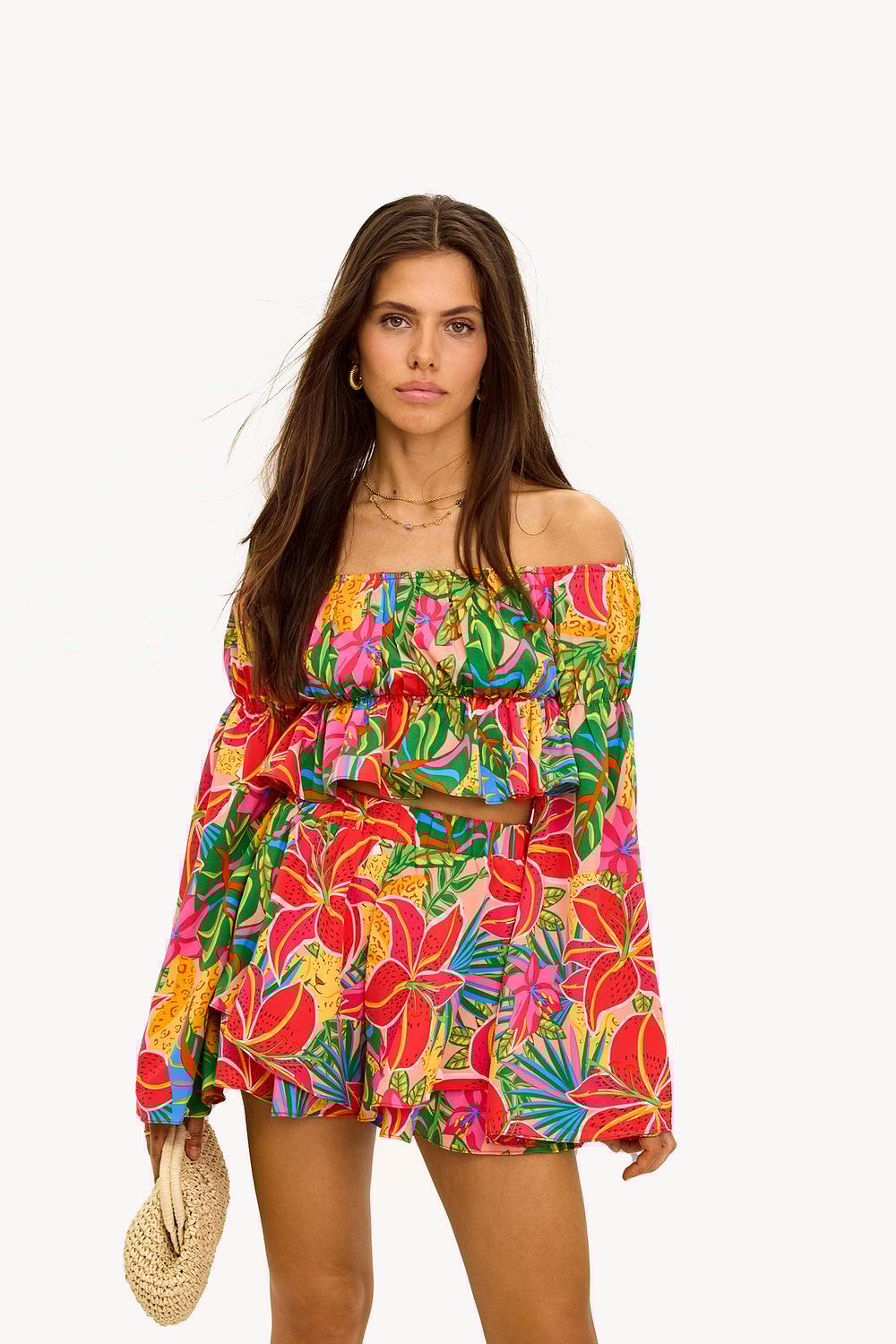Red skort with tropical print