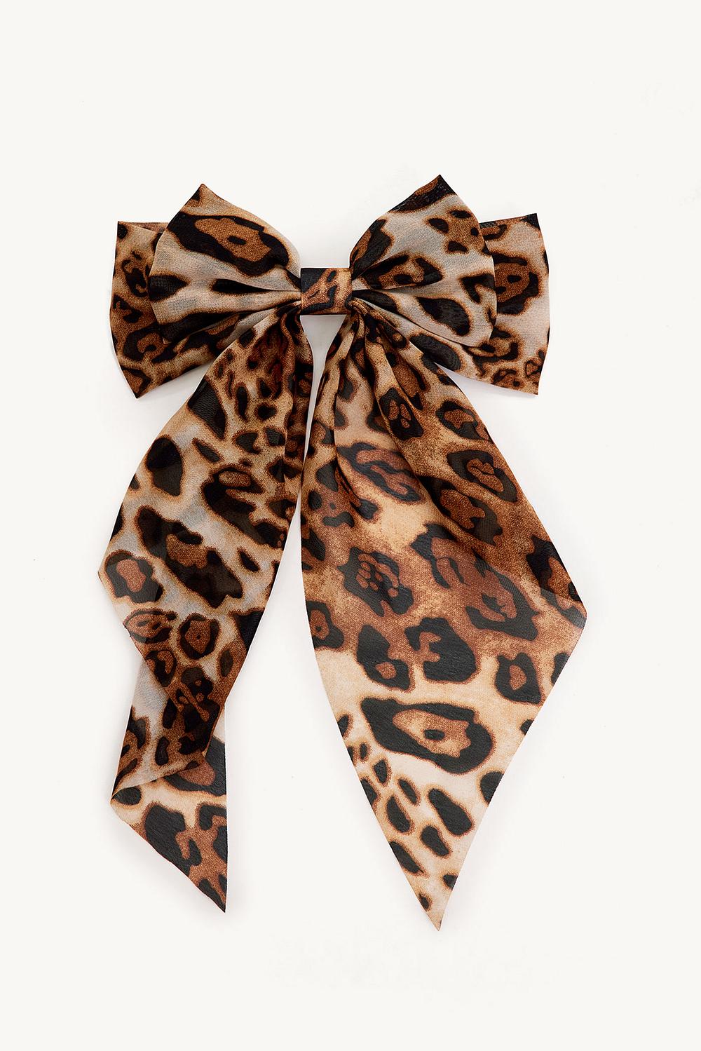 Brown bow hair clip with leopard print