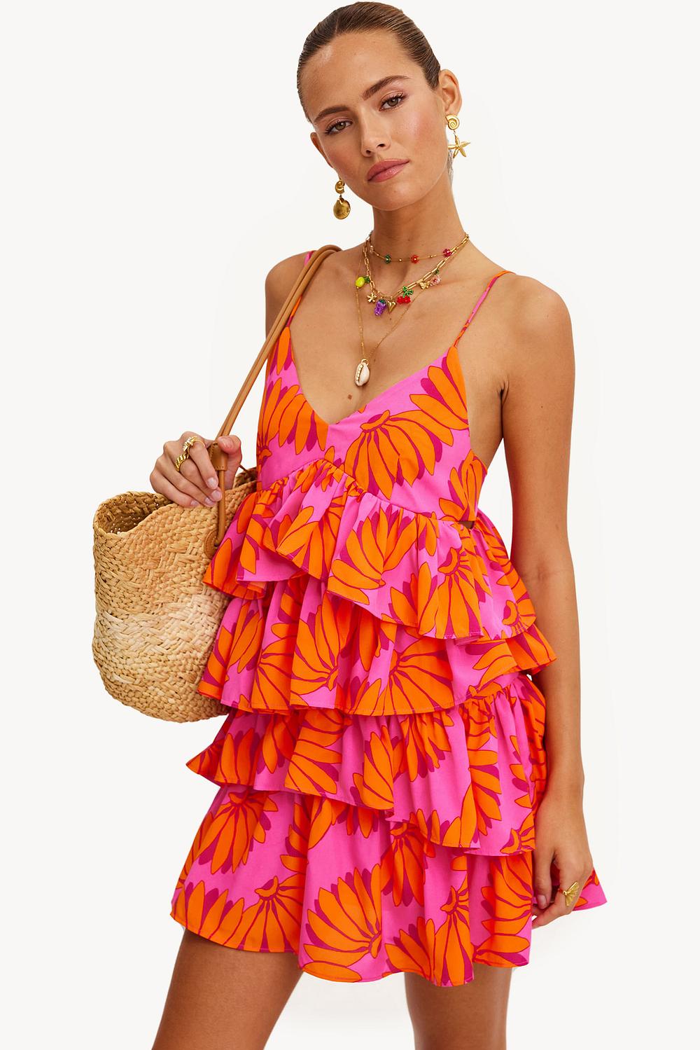 Vestido mini en naranja con estampado tropical