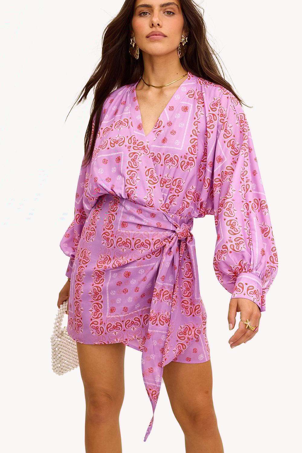 Robe portefeuille lilas à imprimé graphique