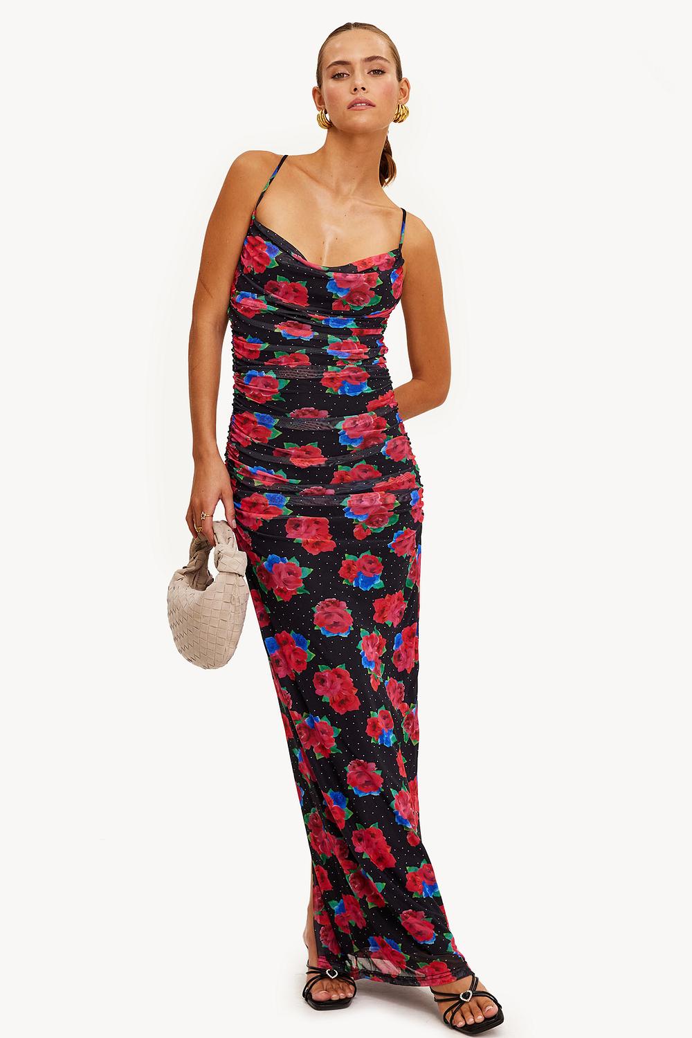 Red maxi dress with floral print