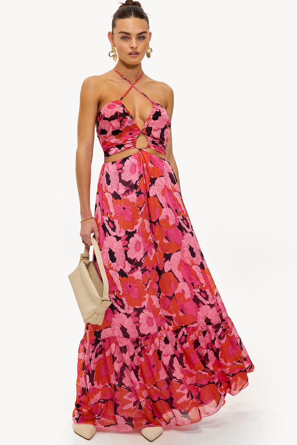 Pink maxi dress with floral print