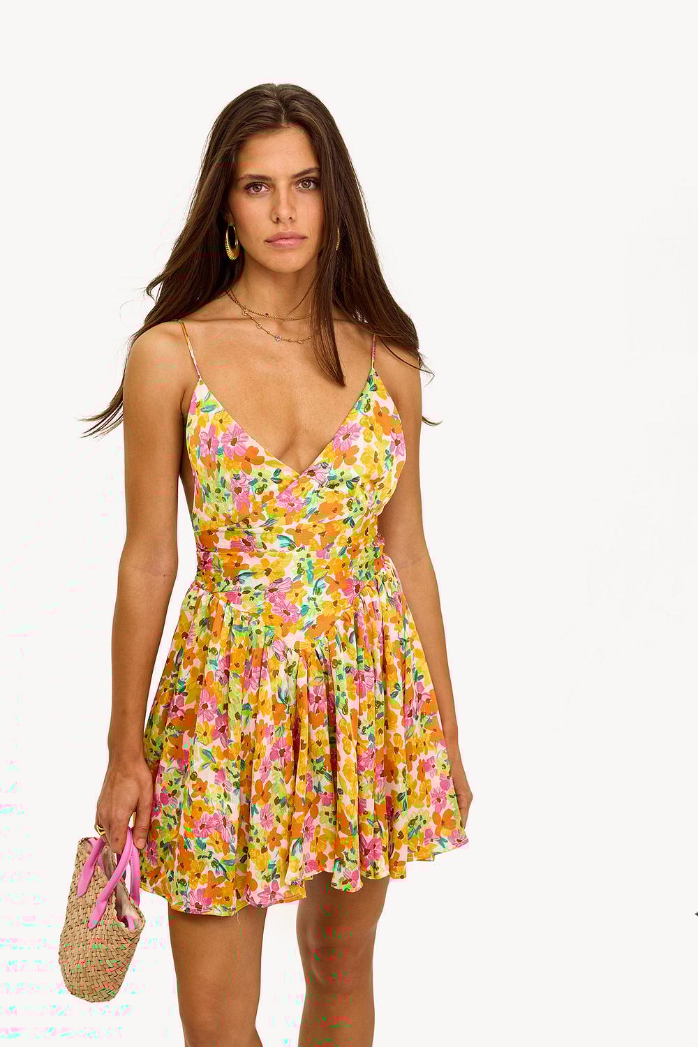 Gele mini jurk met bloemenprint Loavies