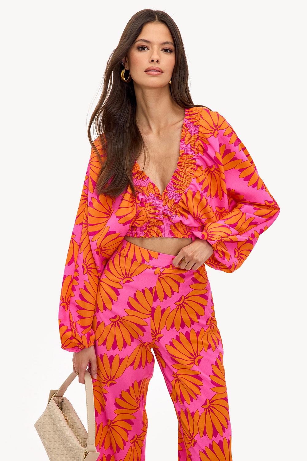 Oranje crop top met tropische print