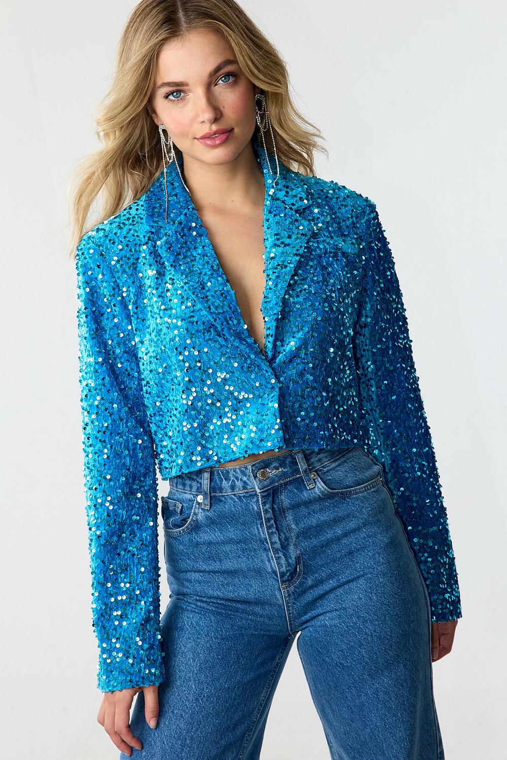 Blazer court bleu à pailettes