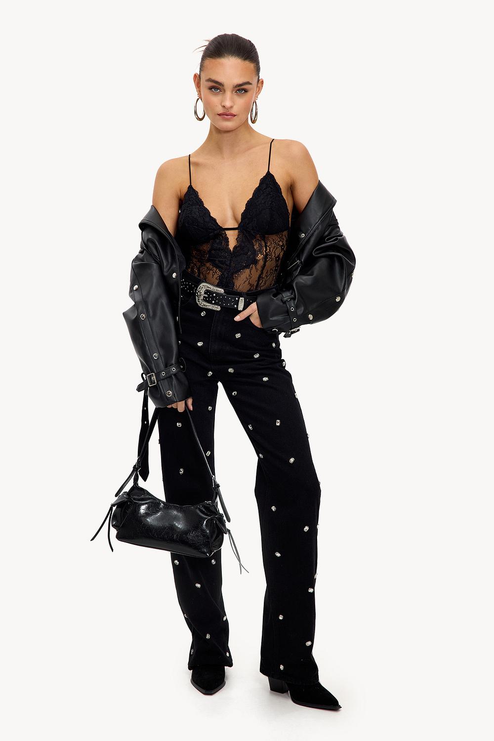 Black wide leg jeans with rhinestones