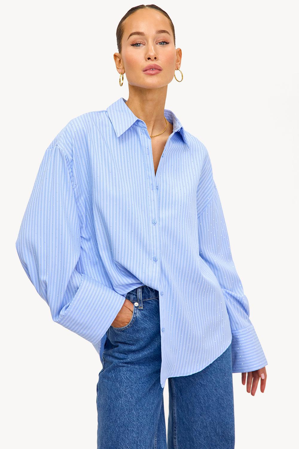 Blue blouse with stripes and rhinestones