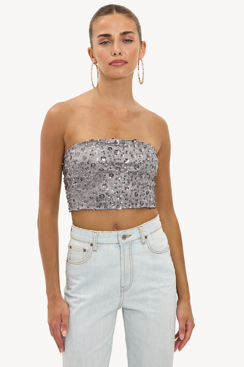 Top bandeau argenté avec perles