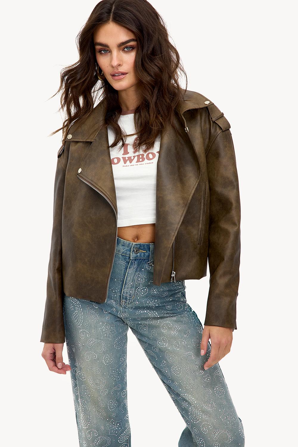 Donkerbruine PU leren bikerjacket