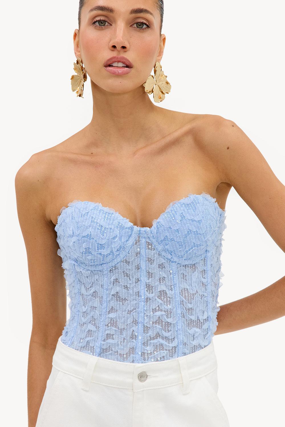 Light blue corset top with mesh and sequins