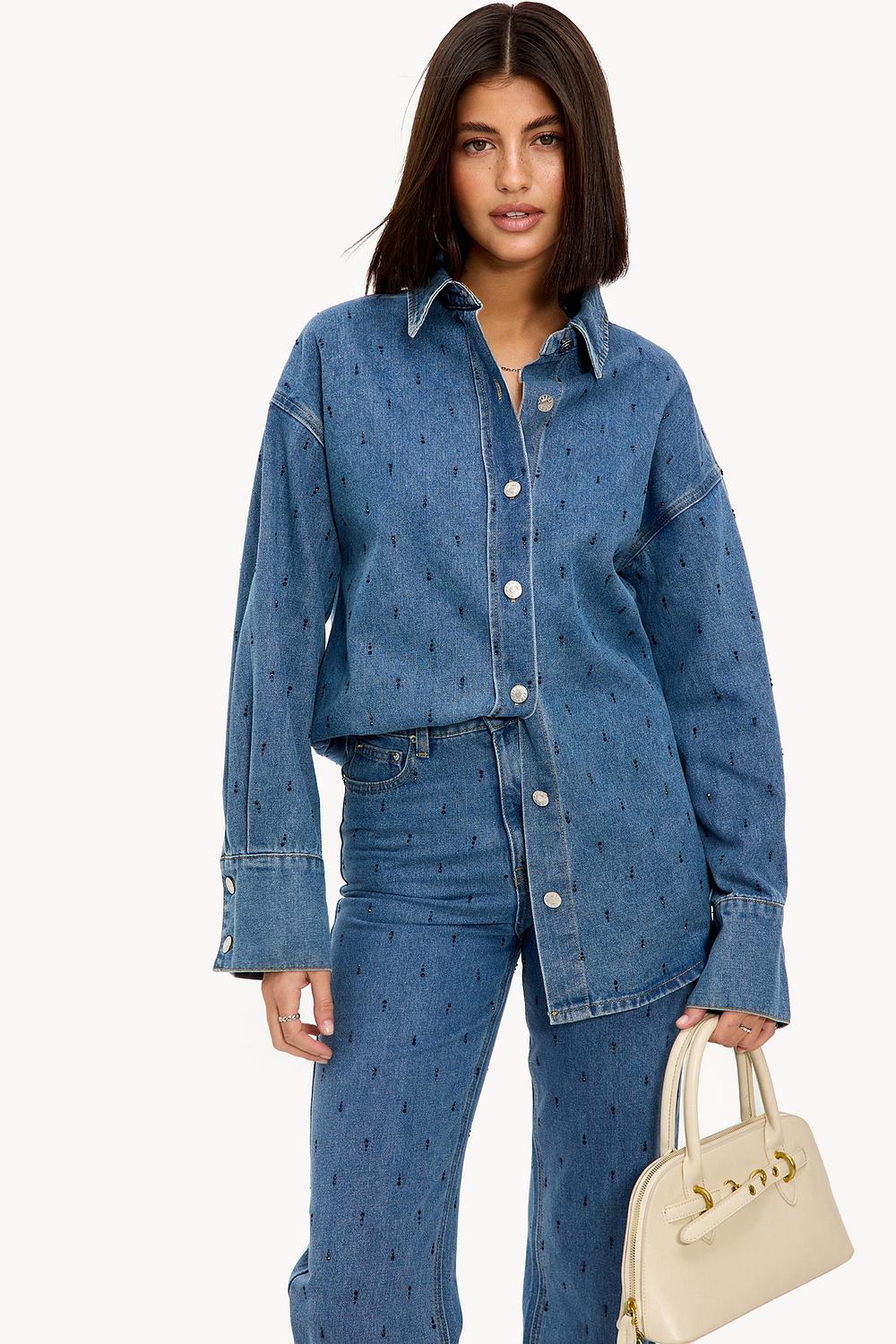 Denim blouse met strass stenen
