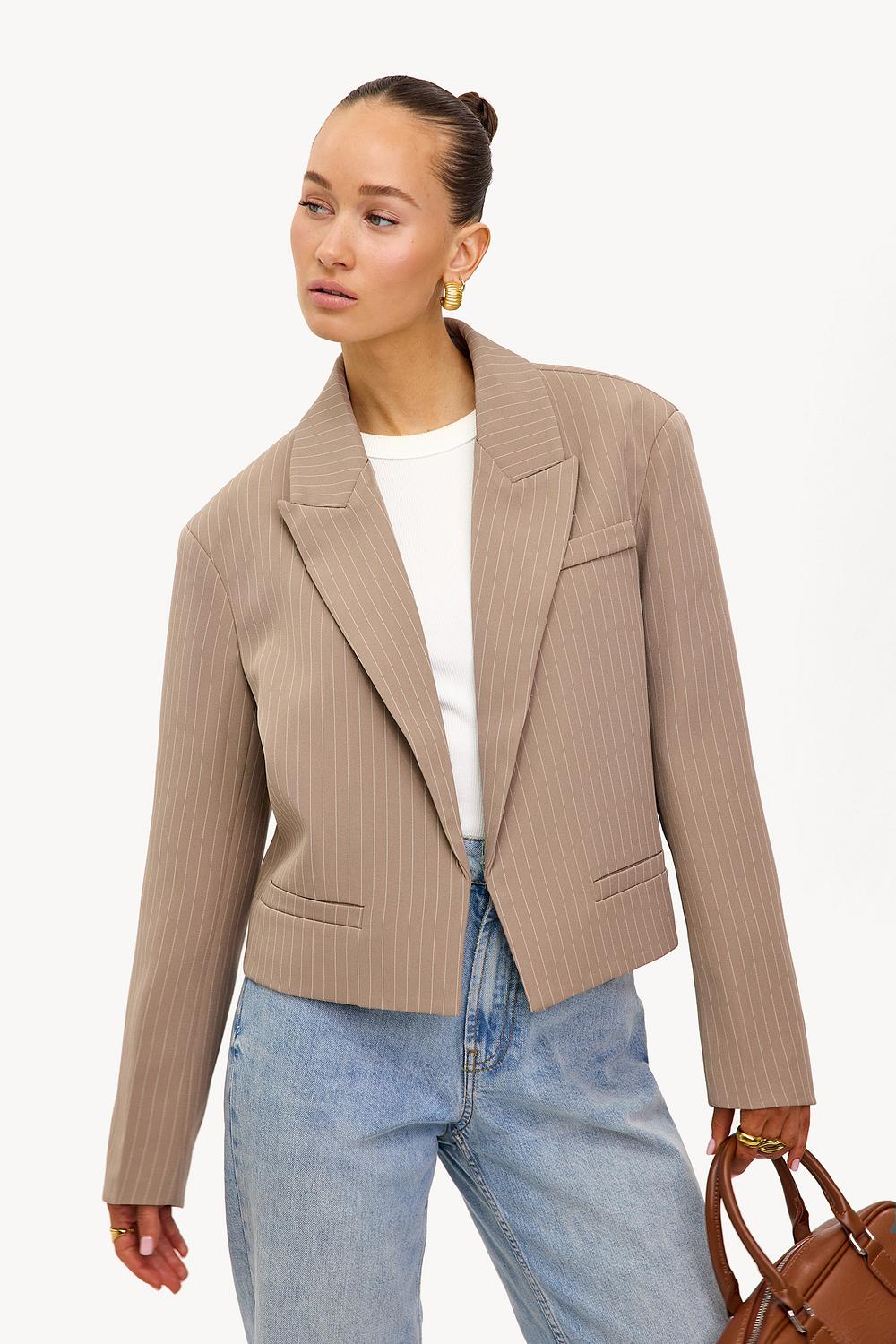 Taupe cropped blazer with pinstripe
