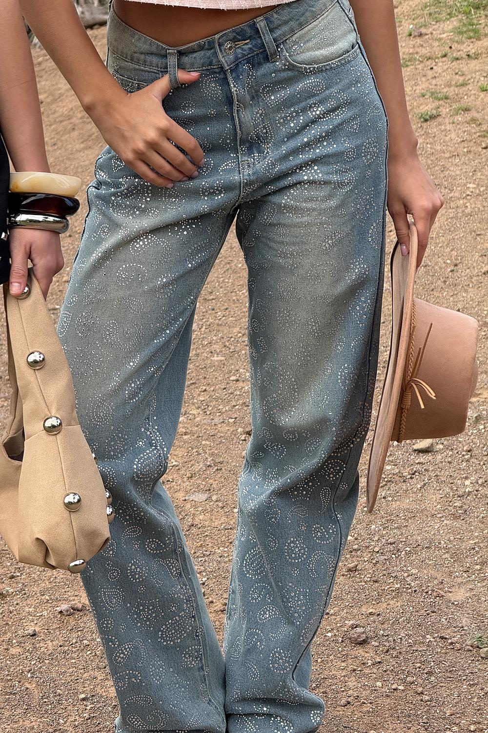 Blauwe jeans met strass stenen