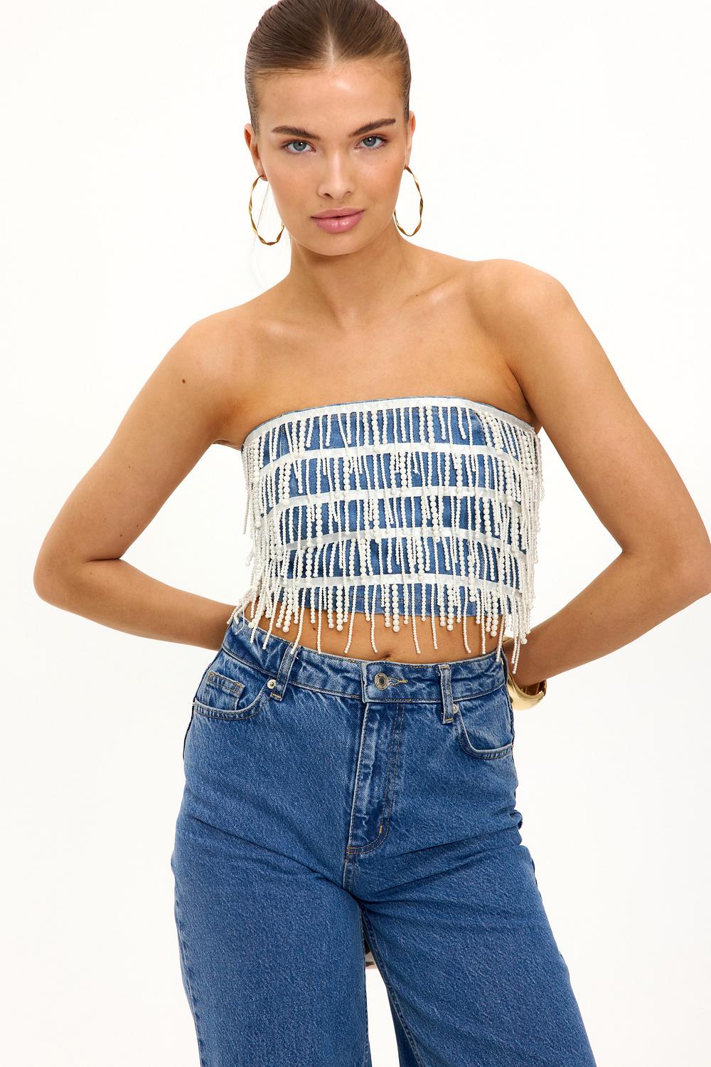 Denim bandeau top met parels