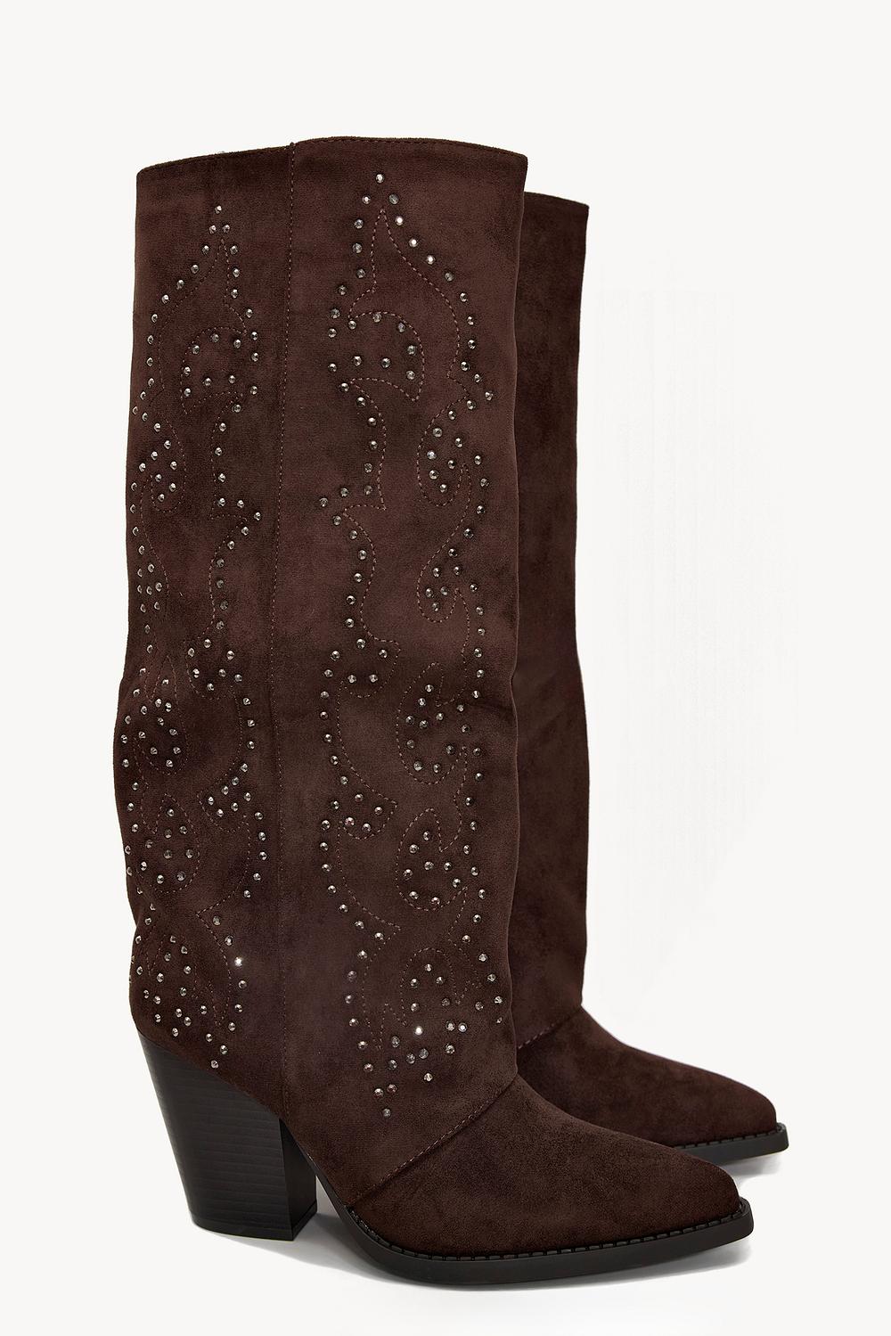 Brown suede-look boots with silver studs