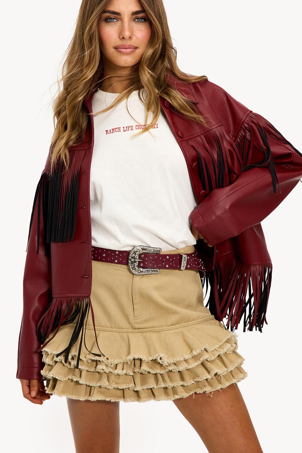 Bordeaux belt with studs and silver hardware