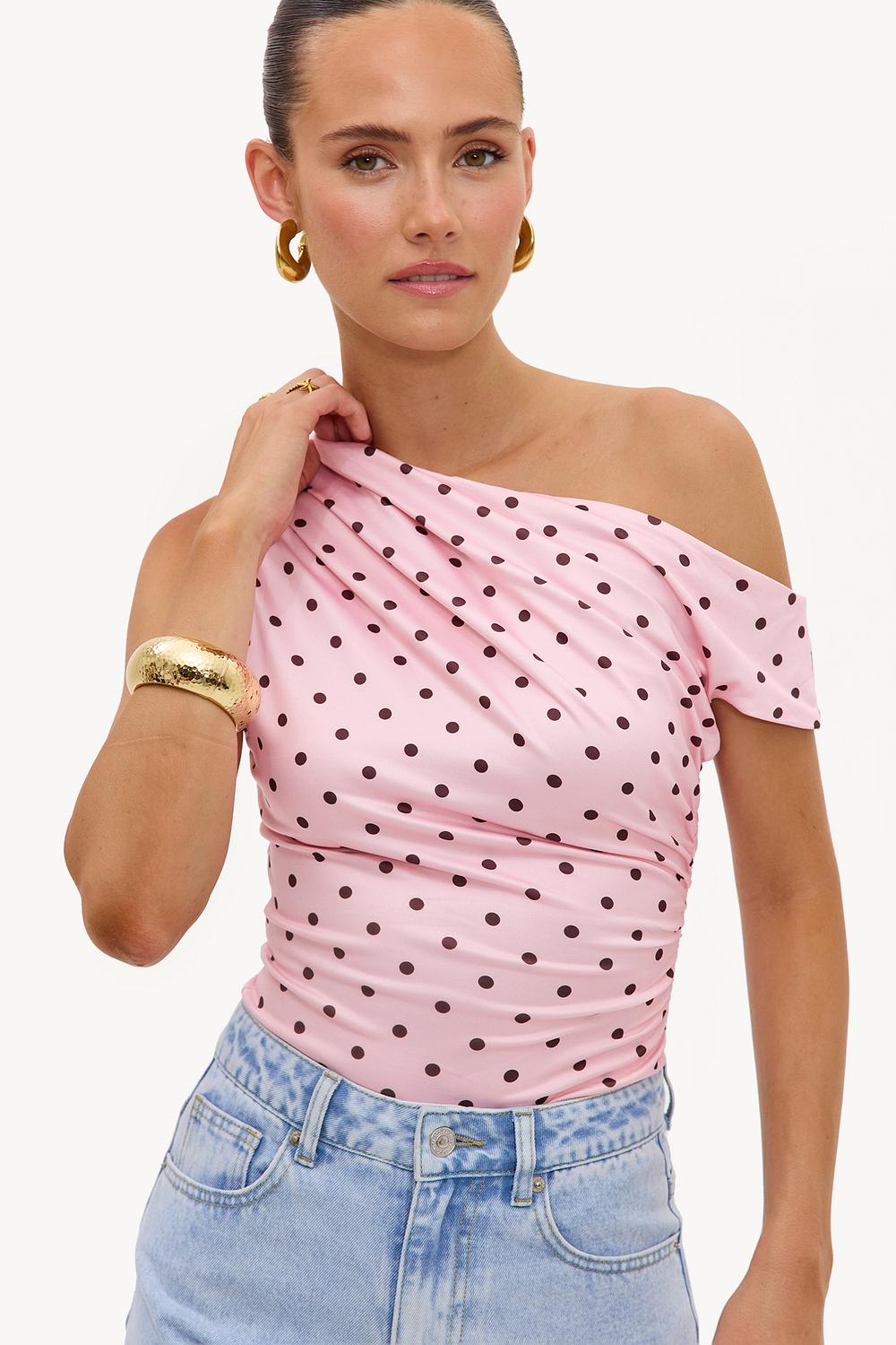Light pink off-the-shoulder top with brown polka dots