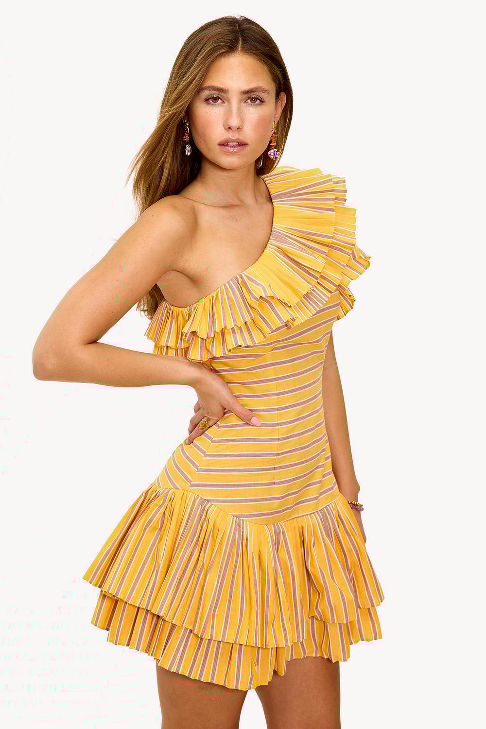 Gele gestreepte one shoulder jurk