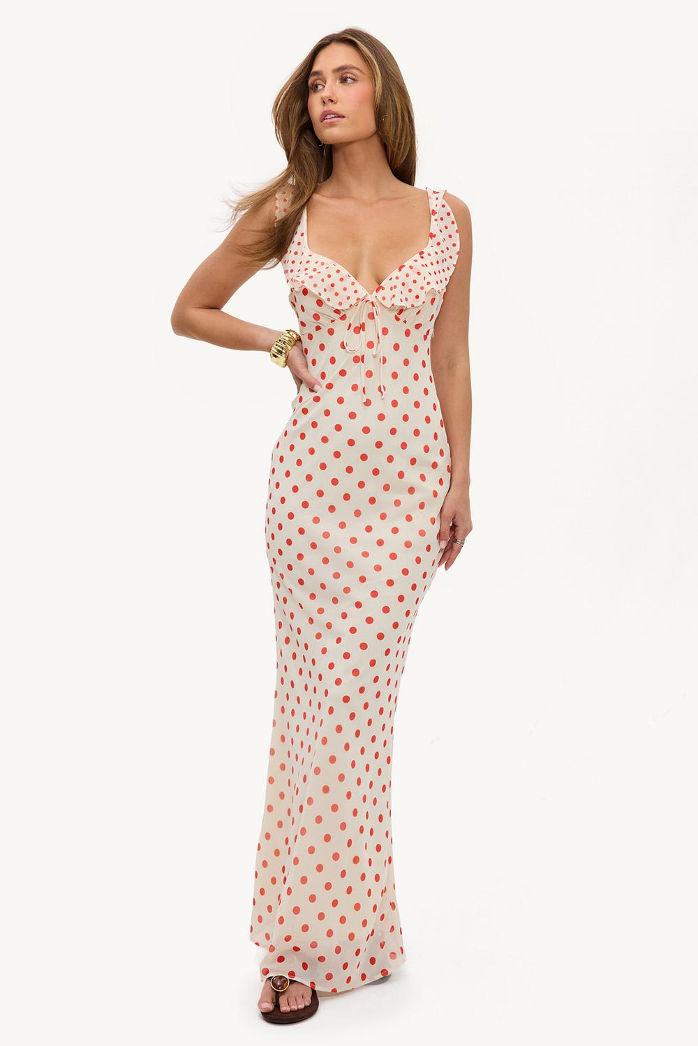 Beige maxi dress with red polka dots