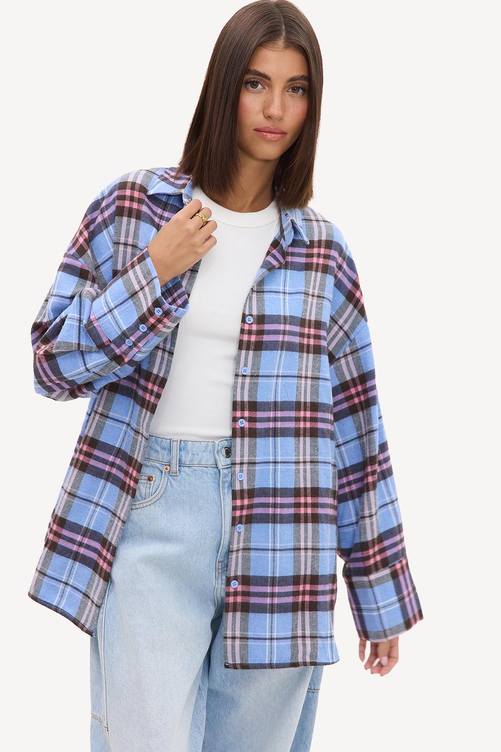 Blue plaid oversized blouse with pink and white stripes