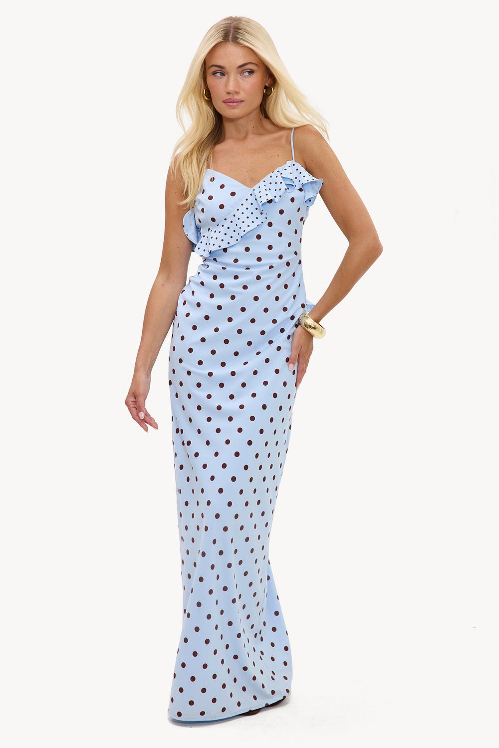 Vestido largo azul claro con lunares negros