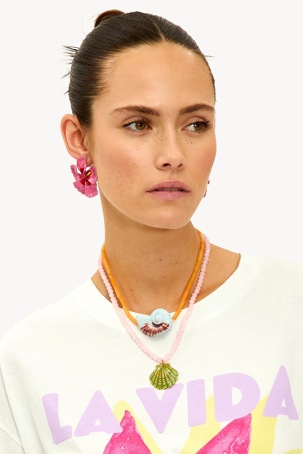 Pink beaded necklace with shells 2-pack