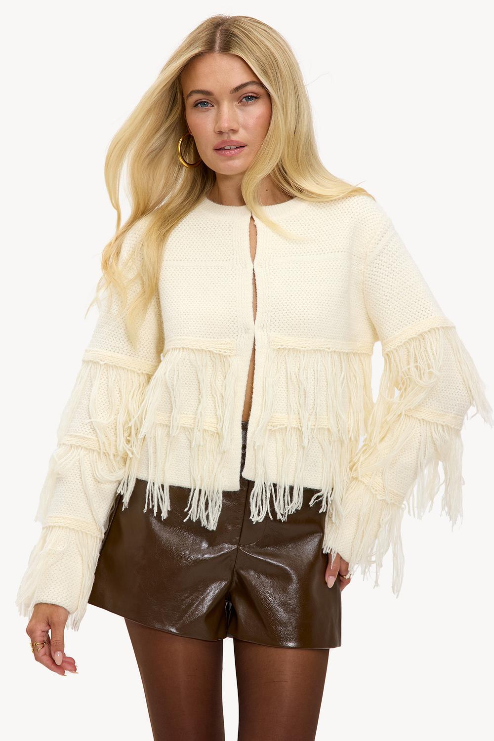 Cardigan blanc cassé à franges
