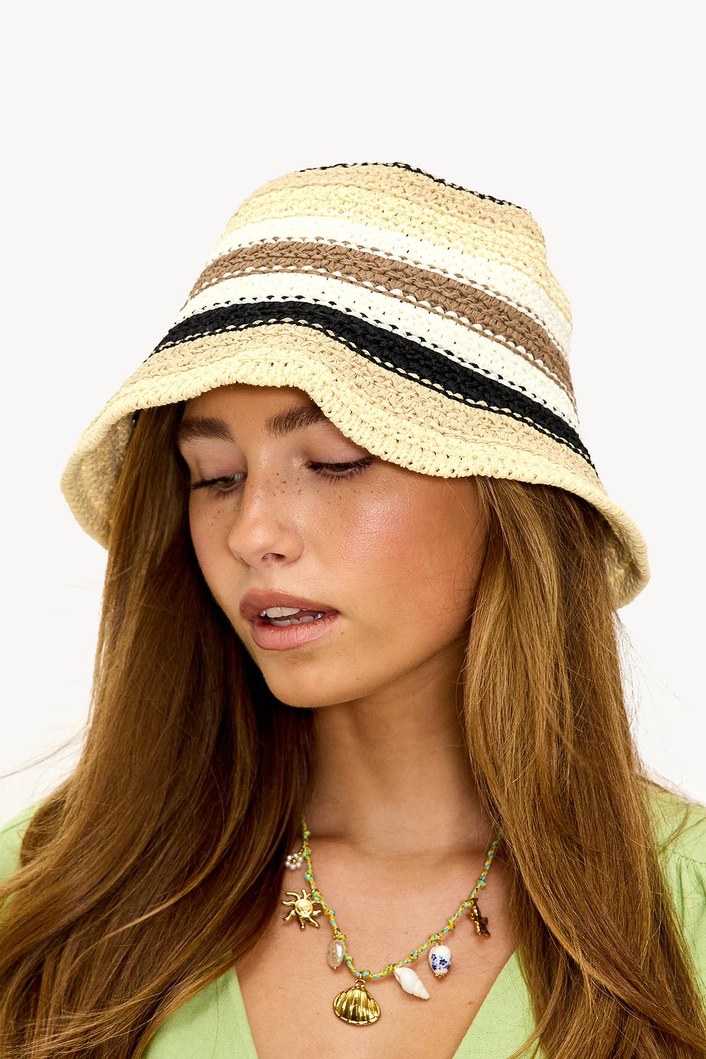 Beige bucket hat met strepen