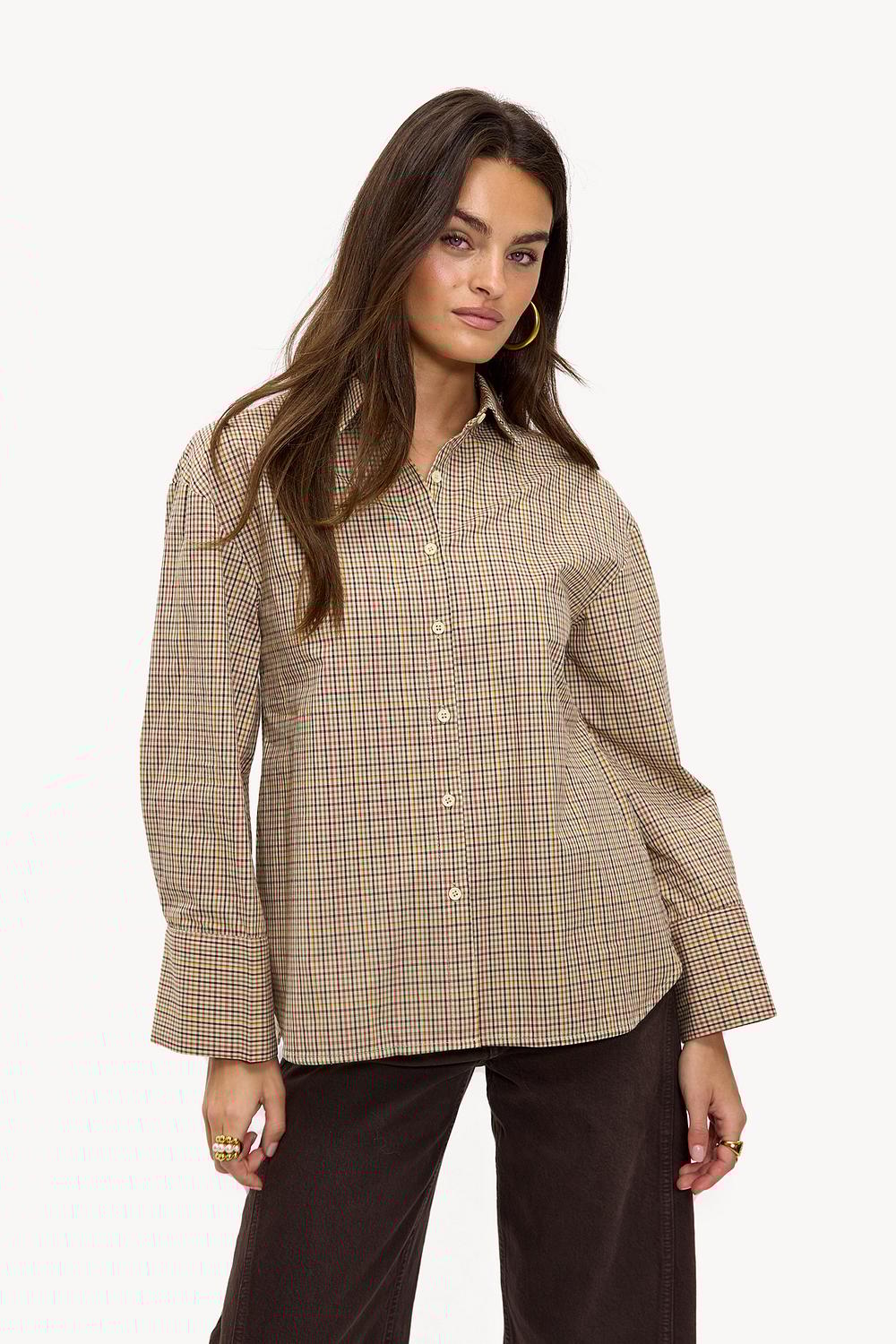 Sand-colored checked blouse with open back