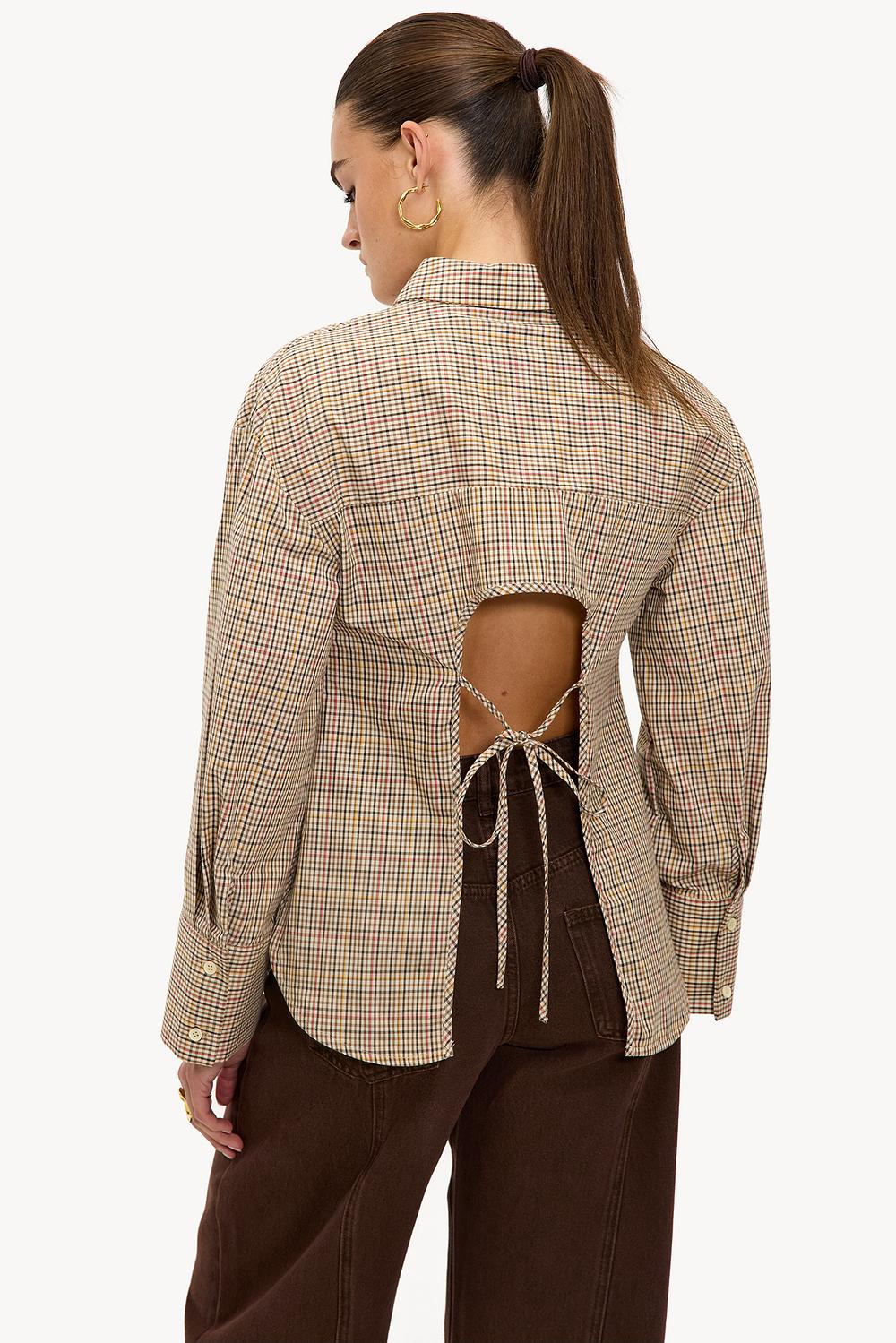 Sand-colored checked blouse with open back